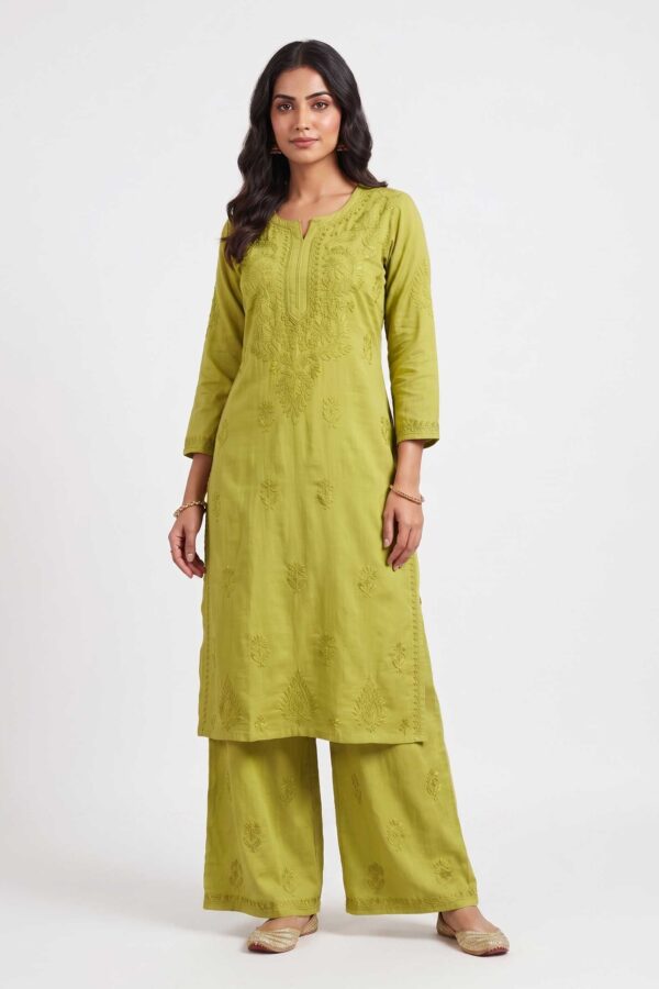 Women’s Handcrafted Rayon Chikankari Kurti with Pant Set | Lucknowi Chikankari Embroidery | Mehndi Colour