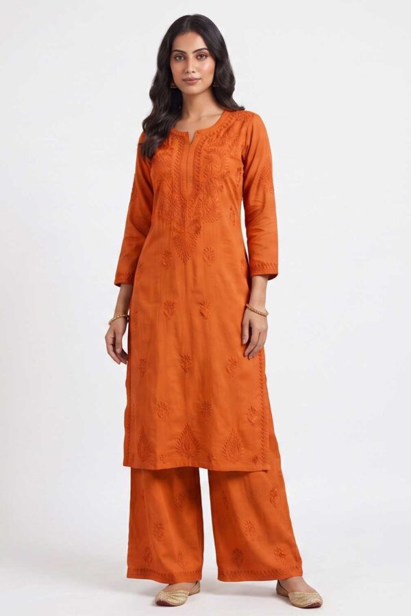 Women’s Handcrafted Rayon Chikankari Kurti with Pant Set | Lucknowi Chikankari Embroidery | Orange Colour
