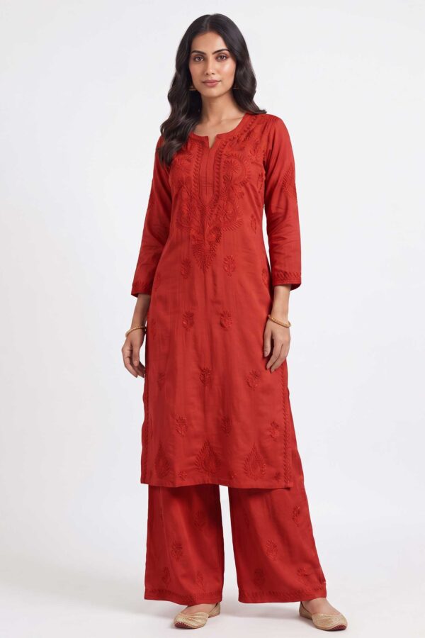 Women’s Handcrafted Rayon Chikankari Kurti with Pant Set | Lucknowi Chikankari Embroidery | Deep Red Colour