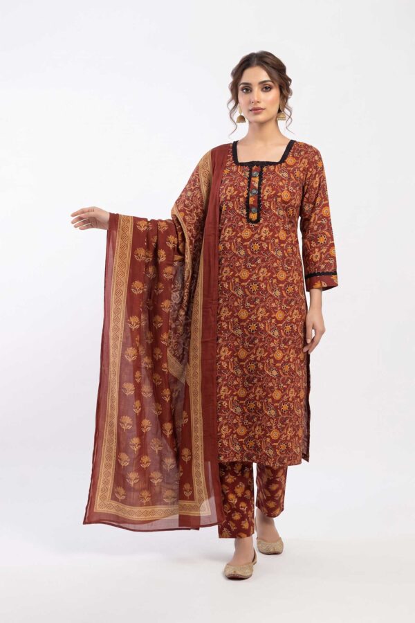 Women’s Floral Screen Print Pure Cotton Kurti with Pant & Malmal Dupatta Set (3-Piece Ethnic Suit) - Dusty Red