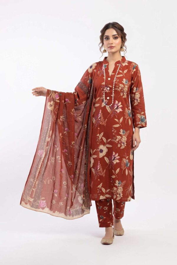 Women’s Floral Screen Print Pure Cotton Kurti with Pant & Malmal Dupatta Set (3-Piece Ethnic Suit) - Terracotta Orange