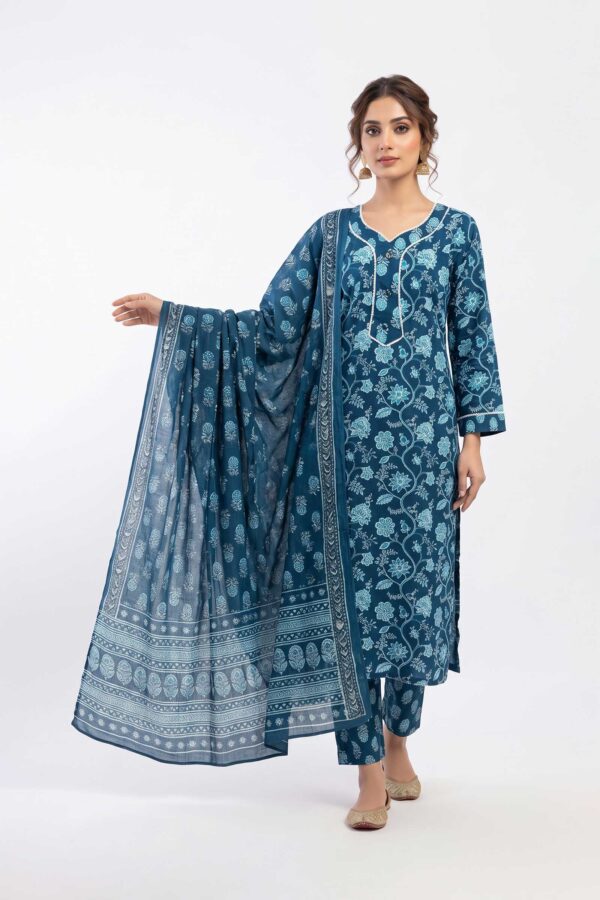 Women’s Floral Screen Print Pure Cotton Kurti with Pant & Malmal Dupatta Set (3-Piece Ethnic Suit) - Dark Navy Blue