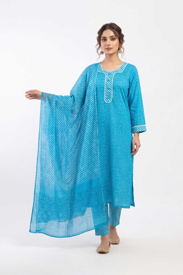 Women’s Floral Screen Print Pure Cotton Kurti with Pant & Malmal Dupatta Set (3-Piece Ethnic Suit) - Sky Blue